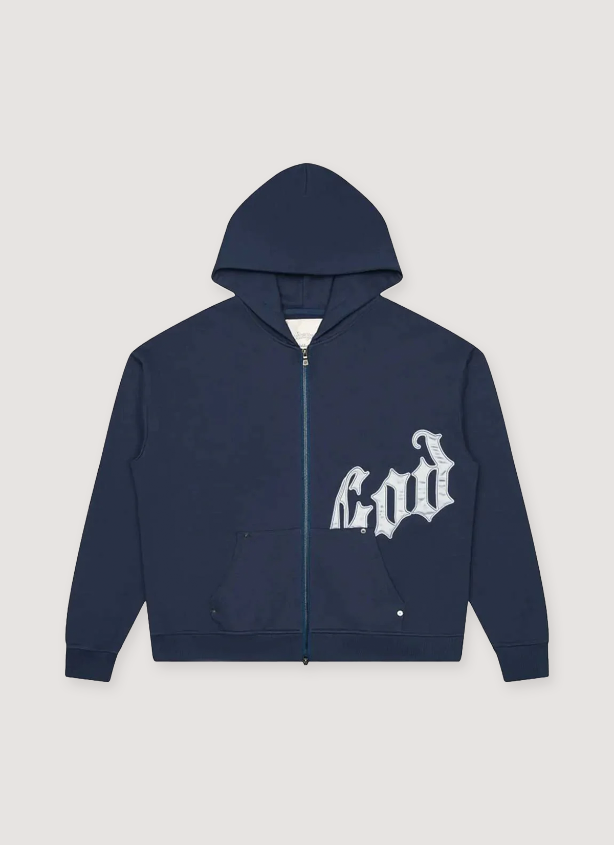 Godspeed New York OG Logo Zip Up Sweatshirt V2 Navy hoodie with white graphic text, front view Godspeed New York OG Logo Zip Up Sweatshirt V2 - Image 3 | Authenticated at Pieces Los Angeles