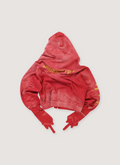 Project G/R Zygon Zip Sweatshirt Red (Pre-Owned) with zygon silhouette, vintage garment washed, distressed detailing, detachable gloves detail, sleeve cat brush, back view Project G/R Zygon Zip Sweatshirt Red (Pre-Owned) - Image 2 | Authenticated at Pieces Los Angeles