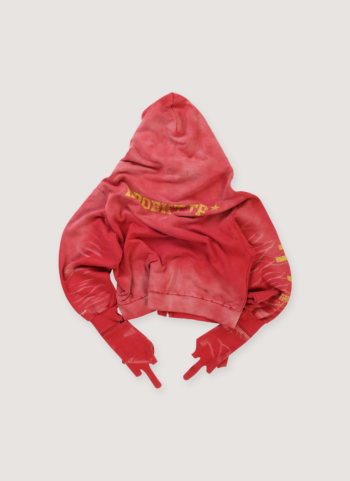 Project G/R Zygon Zip Sweatshirt Red (Pre-Owned) with zygon silhouette, vintage garment washed, distressed detailing, detachable gloves detail, sleeve cat brush, back view
