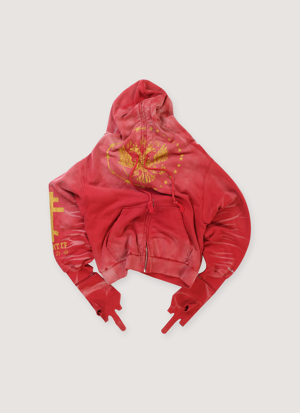Project G/R Zygon Zip Sweatshirt Red (Pre-Owned) with zygon silhouette, vintage garment washed, distressed detailing, detachable gloves detail, sleeve cat brush, front view