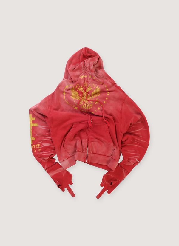 Project G/R Zygon Zip Sweatshirt Red (Pre-Owned) with zygon silhouette, vintage garment washed, distressed detailing, detachable gloves detail, sleeve cat brush, front view Zygon Zip Sweatshirt Red (Pre-Owned) - Authenticated Sweatshirts | Pieces Los Angeles